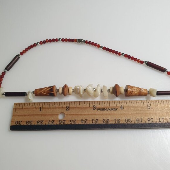 Unique Handmade Natural Beaded Necklace Red Wood Shell Vintage Boho Beach Core - Picture 4 of 5